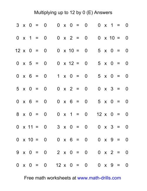 The 36 Horizontal Multiplication Facts Questions -- 0 by 0-12 (E) Math Worksheet Page 2