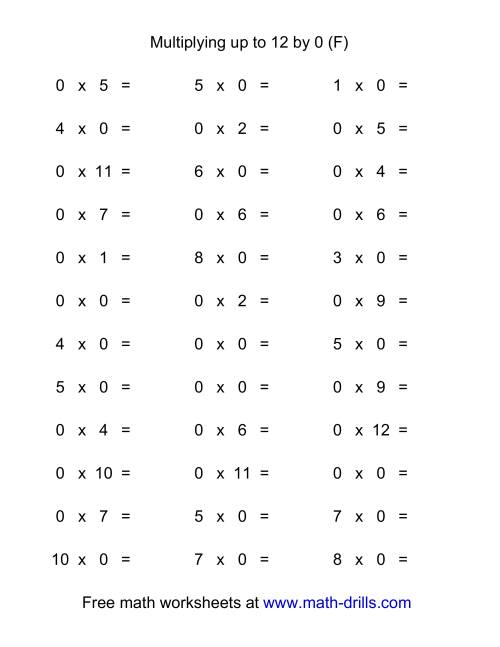 The 36 Horizontal Multiplication Facts Questions -- 0 by 0-12 (F) Math Worksheet