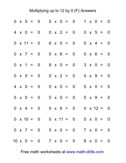 The 36 Horizontal Multiplication Facts Questions -- 0 by 0-12 (F) Math Worksheet Page 2
