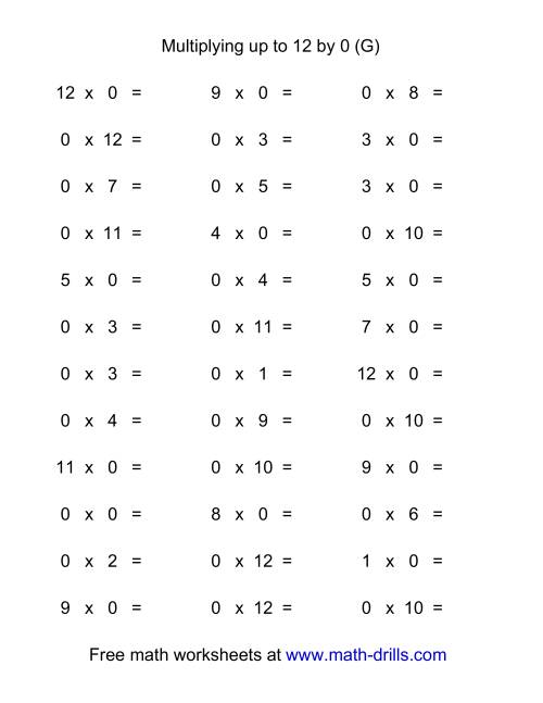 The 36 Horizontal Multiplication Facts Questions -- 0 by 0-12 (G) Math Worksheet