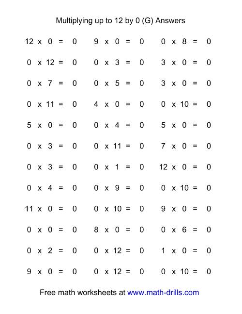 The 36 Horizontal Multiplication Facts Questions -- 0 by 0-12 (G) Math Worksheet Page 2