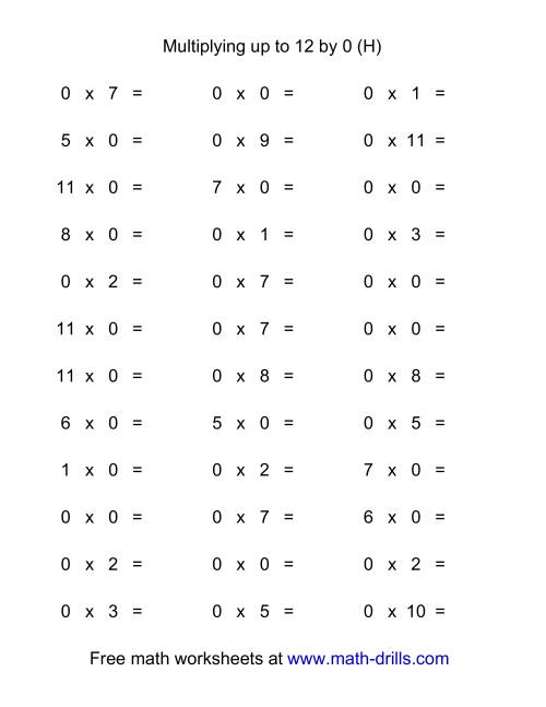 The 36 Horizontal Multiplication Facts Questions -- 0 by 0-12 (H) Math Worksheet