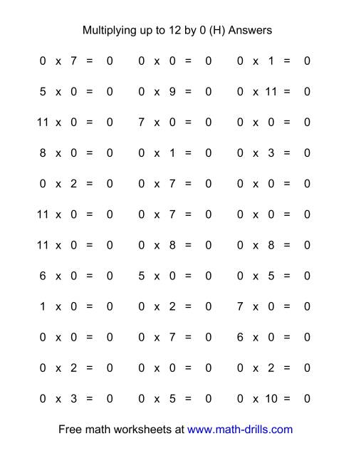 The 36 Horizontal Multiplication Facts Questions -- 0 by 0-12 (H) Math Worksheet Page 2