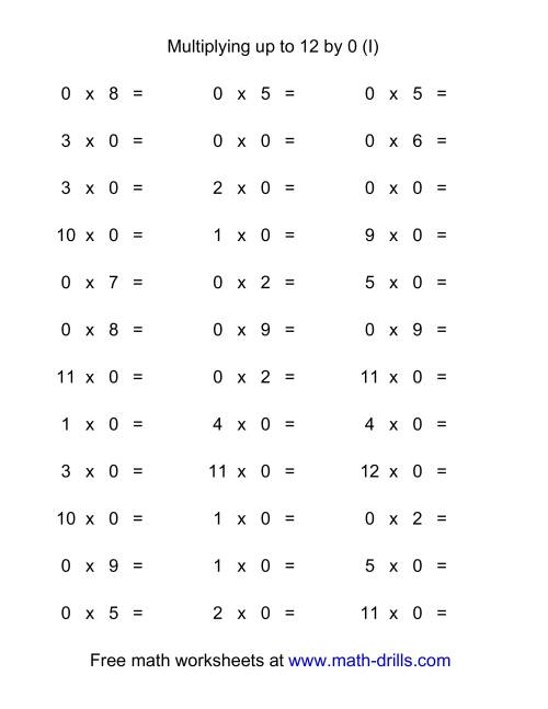 The 36 Horizontal Multiplication Facts Questions -- 0 by 0-12 (I) Math Worksheet