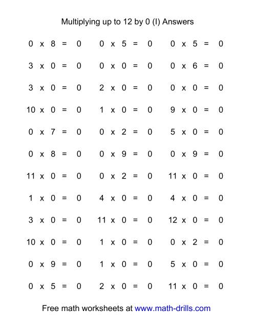 The 36 Horizontal Multiplication Facts Questions -- 0 by 0-12 (I) Math Worksheet Page 2