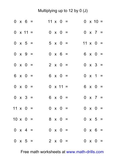 The 36 Horizontal Multiplication Facts Questions -- 0 by 0-12 (J) Math Worksheet