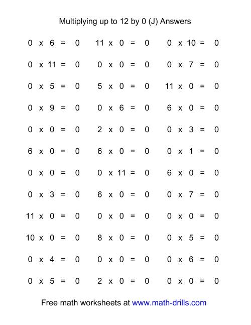 The 36 Horizontal Multiplication Facts Questions -- 0 by 0-12 (J) Math Worksheet Page 2