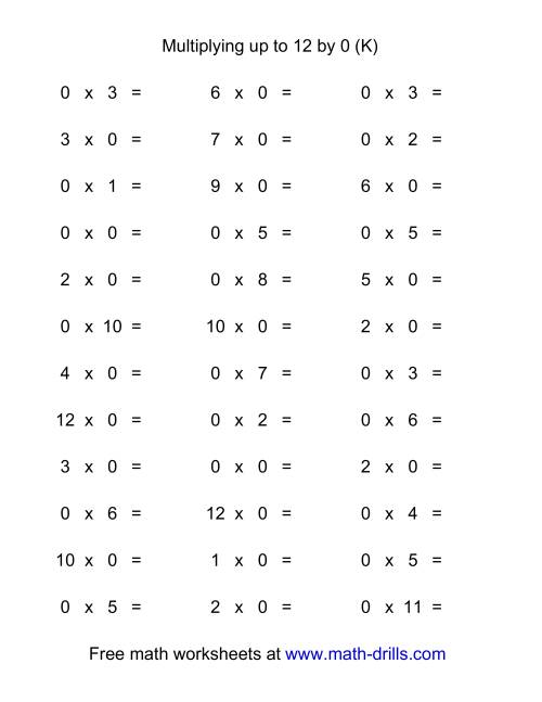 The 36 Horizontal Multiplication Facts Questions -- 0 by 0-12 (K) Math Worksheet