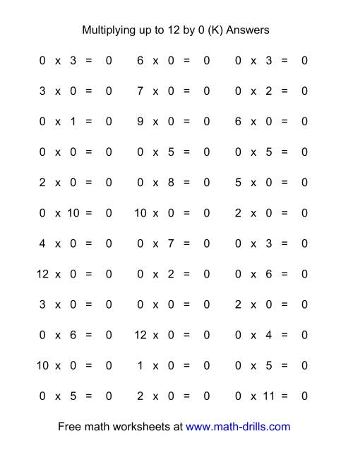 The 36 Horizontal Multiplication Facts Questions -- 0 by 0-12 (K) Math Worksheet Page 2
