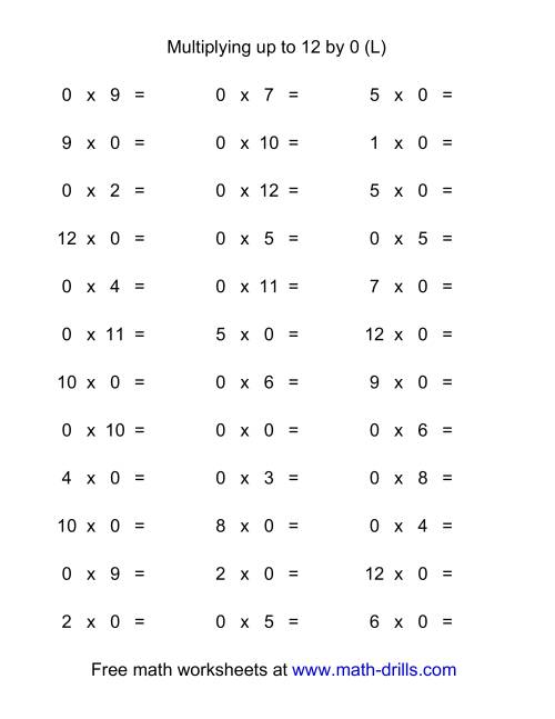 The 36 Horizontal Multiplication Facts Questions -- 0 by 0-12 (L) Math Worksheet
