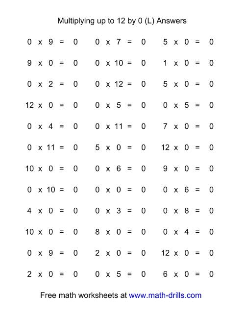 The 36 Horizontal Multiplication Facts Questions -- 0 by 0-12 (L) Math Worksheet Page 2