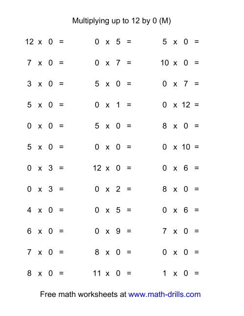 The 36 Horizontal Multiplication Facts Questions -- 0 by 0-12 (M) Math Worksheet