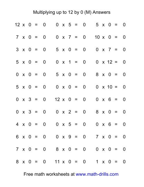 The 36 Horizontal Multiplication Facts Questions -- 0 by 0-12 (M) Math Worksheet Page 2