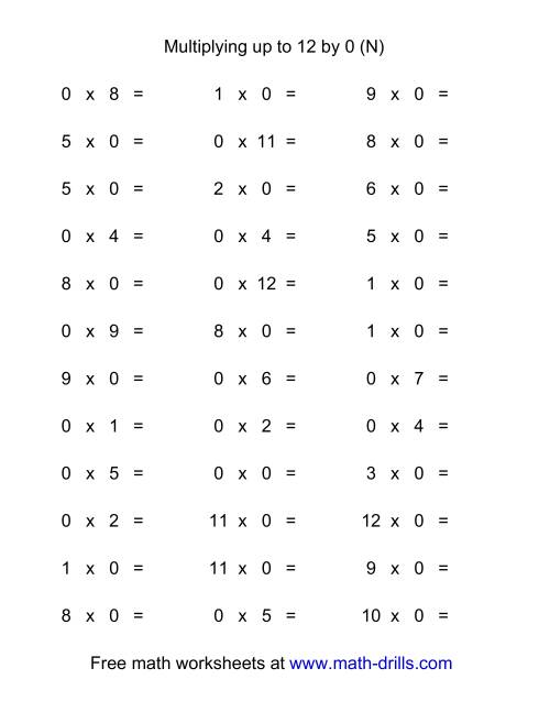 The 36 Horizontal Multiplication Facts Questions -- 0 by 0-12 (N) Math Worksheet