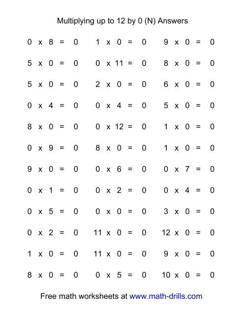 The 36 Horizontal Multiplication Facts Questions -- 0 by 0-12 (N) Math Worksheet Page 2