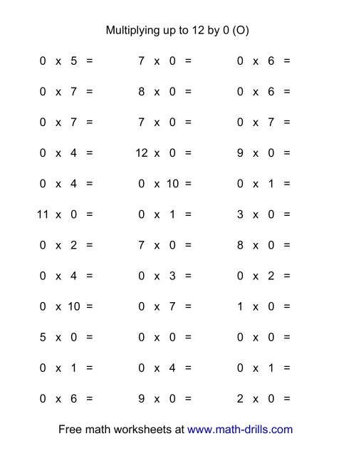The 36 Horizontal Multiplication Facts Questions -- 0 by 0-12 (O) Math Worksheet