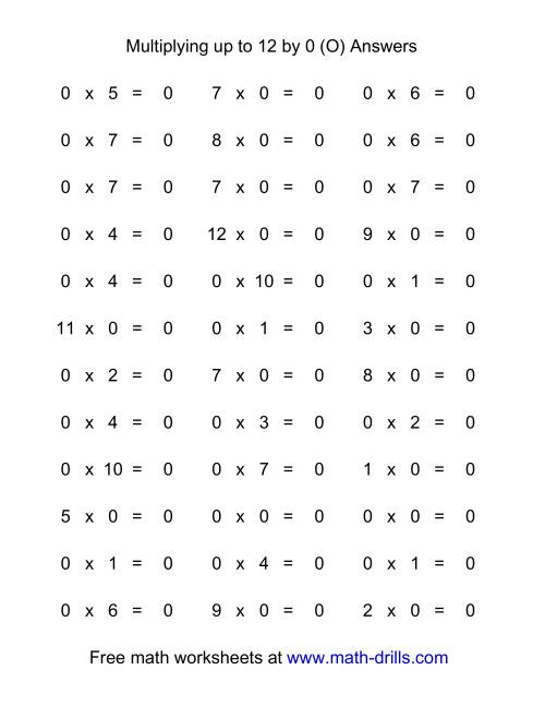 The 36 Horizontal Multiplication Facts Questions -- 0 by 0-12 (O) Math Worksheet Page 2