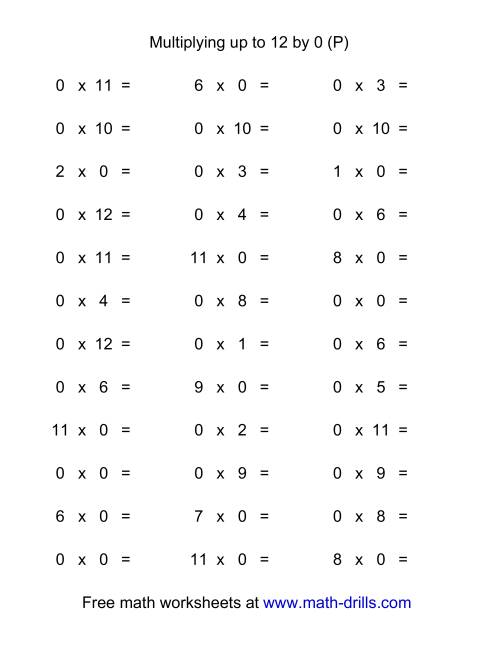 The 36 Horizontal Multiplication Facts Questions -- 0 by 0-12 (P) Math Worksheet
