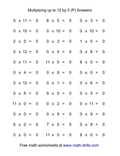 The 36 Horizontal Multiplication Facts Questions -- 0 by 0-12 (P) Math Worksheet Page 2