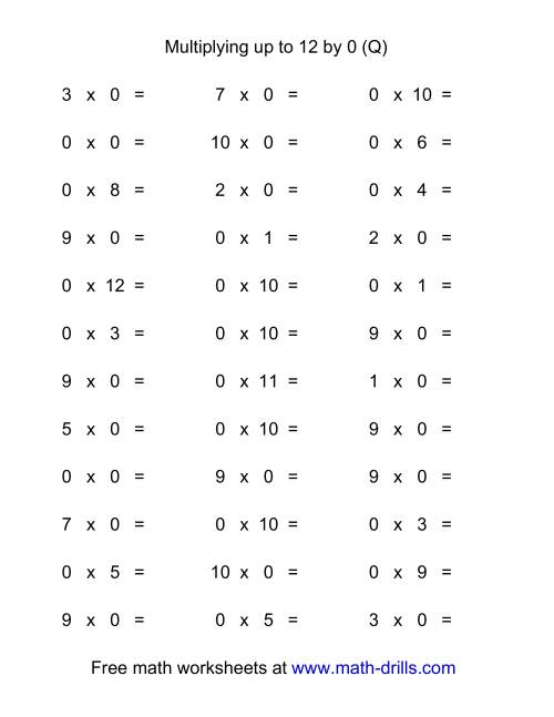 The 36 Horizontal Multiplication Facts Questions -- 0 by 0-12 (Q) Math Worksheet
