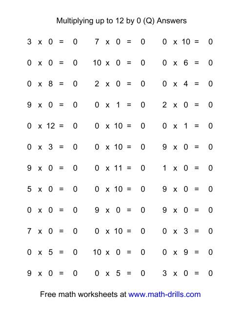 The 36 Horizontal Multiplication Facts Questions -- 0 by 0-12 (Q) Math Worksheet Page 2