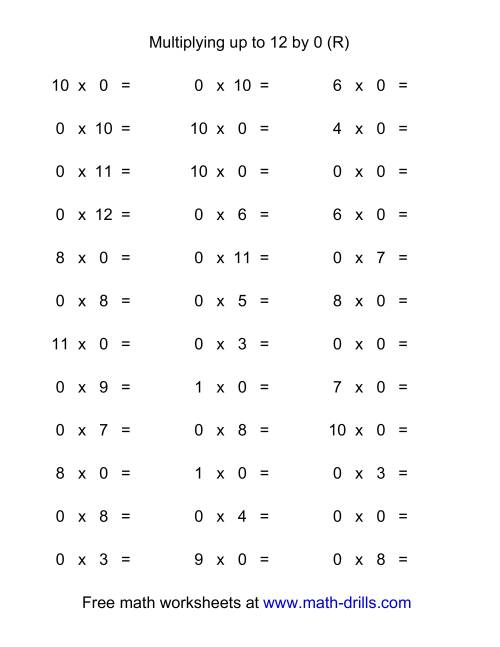 The 36 Horizontal Multiplication Facts Questions -- 0 by 0-12 (R) Math Worksheet