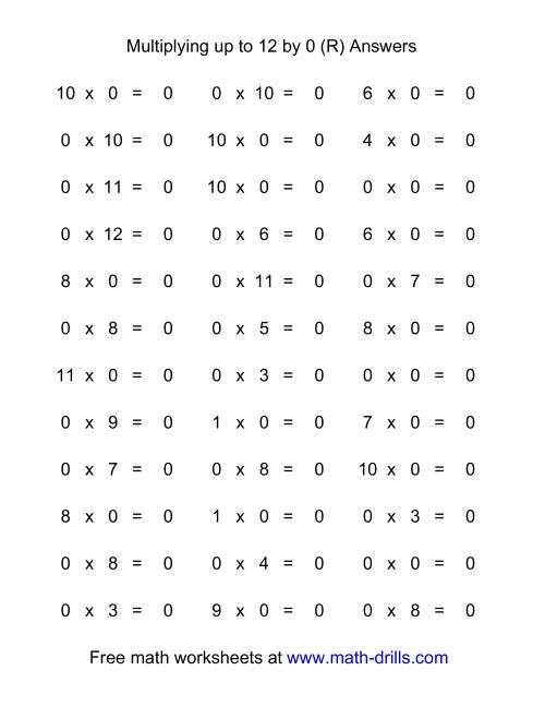 The 36 Horizontal Multiplication Facts Questions -- 0 by 0-12 (R) Math Worksheet Page 2