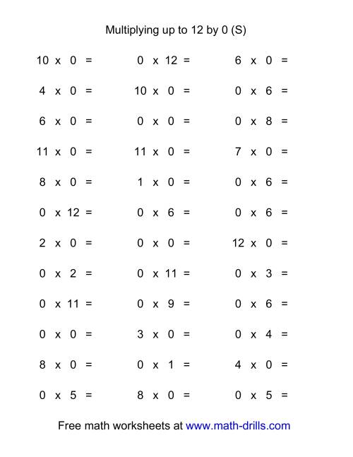 The 36 Horizontal Multiplication Facts Questions -- 0 by 0-12 (S) Math Worksheet