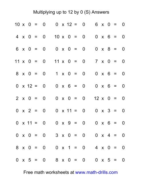 The 36 Horizontal Multiplication Facts Questions -- 0 by 0-12 (S) Math Worksheet Page 2
