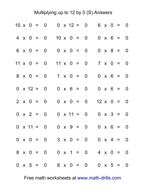 36 horizontal multiplication facts questions 0 by 0 12 s