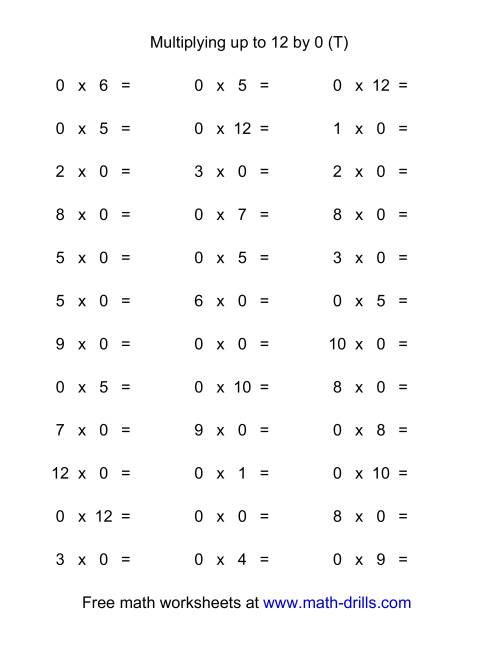 The 36 Horizontal Multiplication Facts Questions -- 0 by 0-12 (T) Math Worksheet