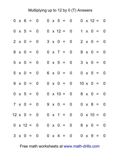The 36 Horizontal Multiplication Facts Questions -- 0 by 0-12 (T) Math Worksheet Page 2
