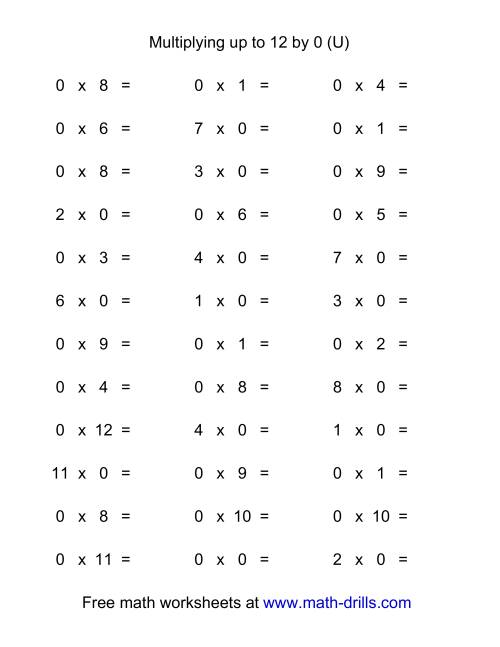 The 36 Horizontal Multiplication Facts Questions -- 0 by 0-12 (U) Math Worksheet