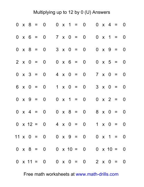 The 36 Horizontal Multiplication Facts Questions -- 0 by 0-12 (U) Math Worksheet Page 2