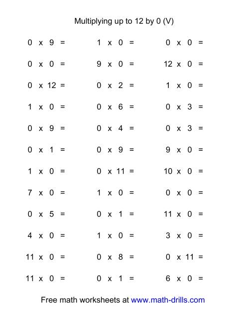 The 36 Horizontal Multiplication Facts Questions -- 0 by 0-12 (V) Math Worksheet
