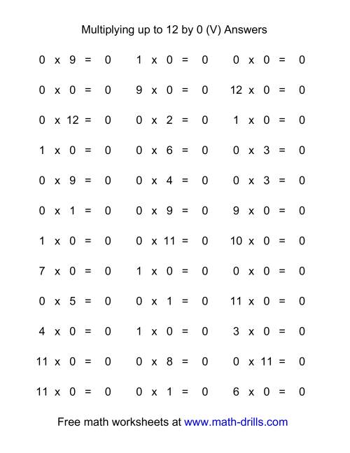 The 36 Horizontal Multiplication Facts Questions -- 0 by 0-12 (V) Math Worksheet Page 2
