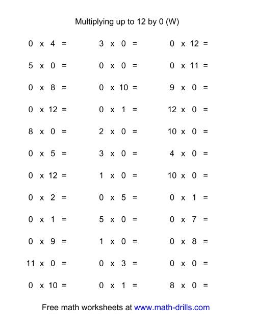 The 36 Horizontal Multiplication Facts Questions -- 0 by 0-12 (W) Math Worksheet