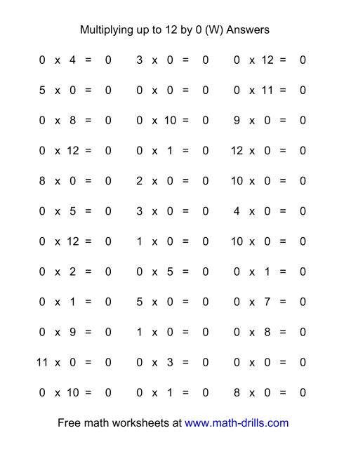 The 36 Horizontal Multiplication Facts Questions -- 0 by 0-12 (W) Math Worksheet Page 2