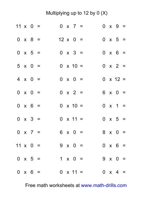 The 36 Horizontal Multiplication Facts Questions -- 0 by 0-12 (X) Math Worksheet