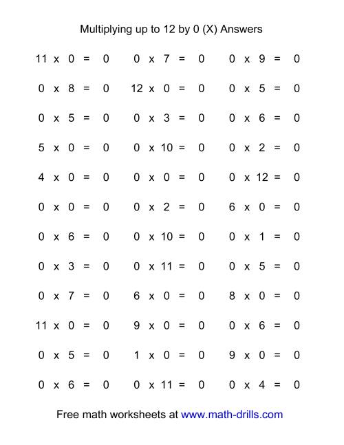 The 36 Horizontal Multiplication Facts Questions -- 0 by 0-12 (X) Math Worksheet Page 2