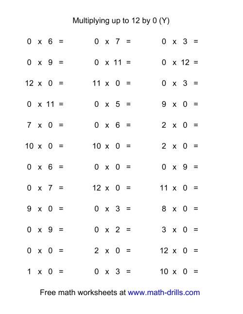The 36 Horizontal Multiplication Facts Questions -- 0 by 0-12 (Y) Math Worksheet