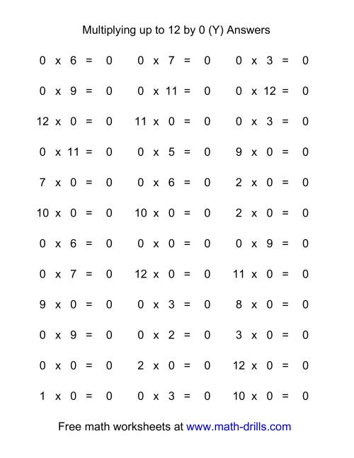 The 36 Horizontal Multiplication Facts Questions -- 0 by 0-12 (Y) Math Worksheet Page 2