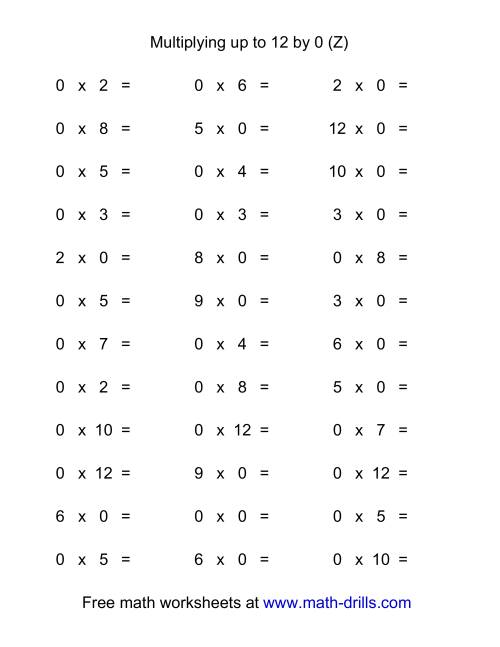 The 36 Horizontal Multiplication Facts Questions -- 0 by 0-12 (Z) Math Worksheet