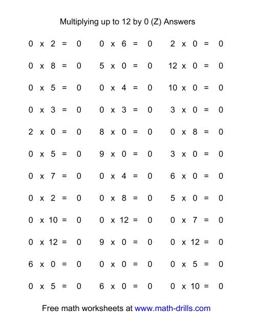 The 36 Horizontal Multiplication Facts Questions -- 0 by 0-12 (Z) Math Worksheet Page 2