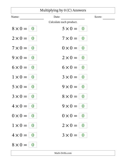 The Horizontally Arranged Multiplying (0 to 9) by 0 (25 Questions; Large Print) (C) Math Worksheet Page 2