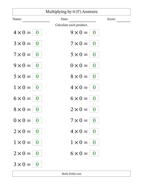 The Horizontally Arranged Multiplying (0 to 9) by 0 (25 Questions; Large Print) (F) Math Worksheet Page 2