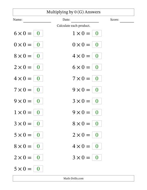 The Horizontally Arranged Multiplying (0 to 9) by 0 (25 Questions; Large Print) (G) Math Worksheet Page 2