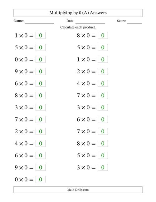 The Horizontally Arranged Multiplying (0 to 9) by 0 (25 Questions; Large Print) (All) Math Worksheet Page 2