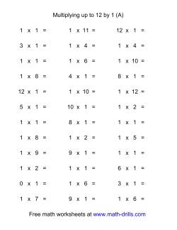 36 Horizontal Multiplication Facts Questions -- 1 by 0-12
