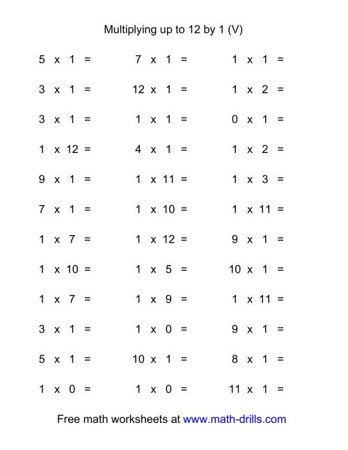 The 36 Horizontal Multiplication Facts Questions -- 1 by 0-12 (V) Math Worksheet